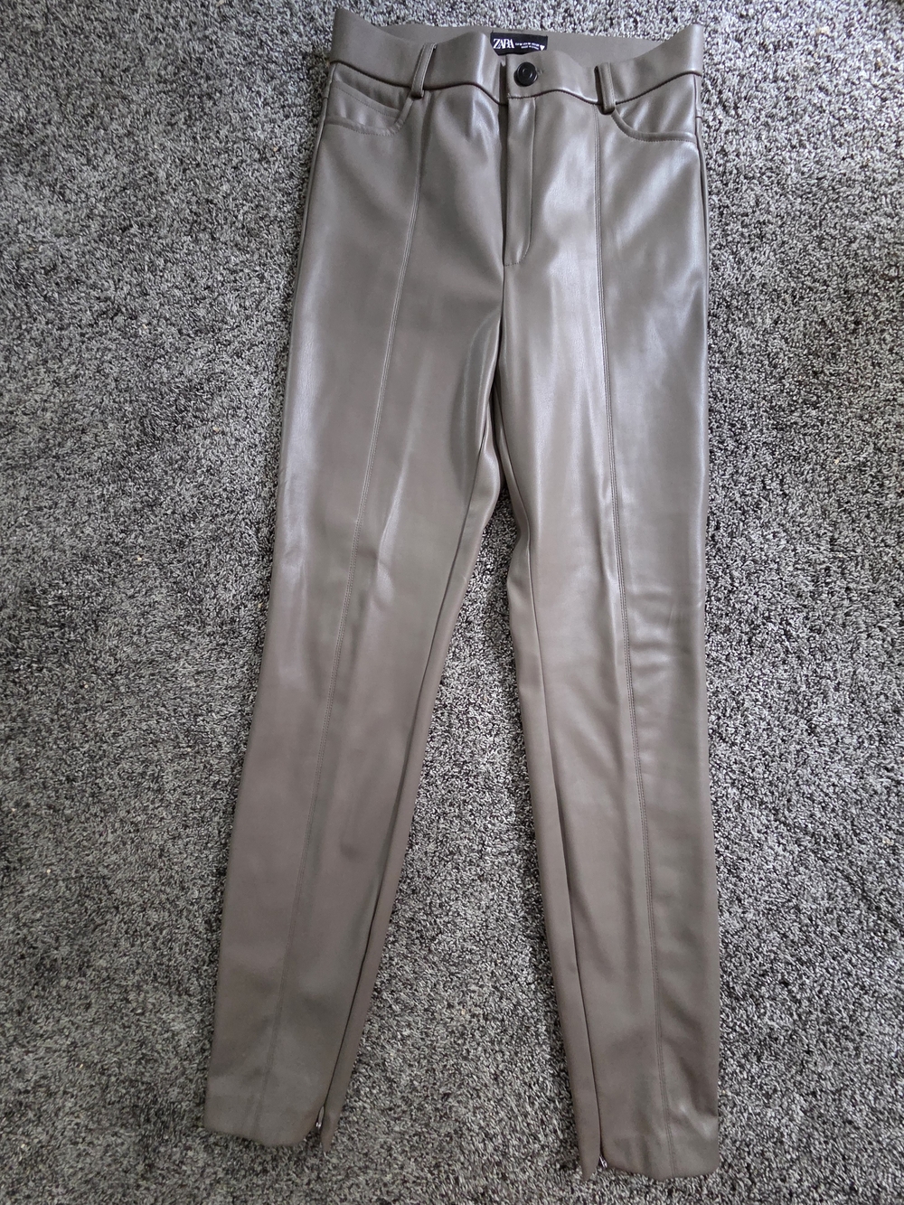 Zara Faux Leather Taupe Slim Straight Ankle Slit Pants Size M